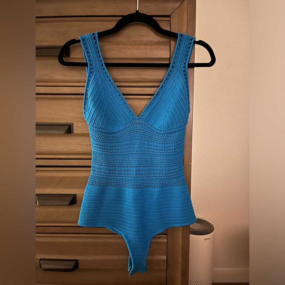 Ronny Kobo Blue Crochet Bodysuit
